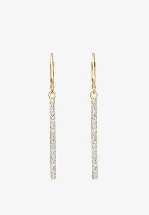 Boucles d’oreilles gouttes en or avec une rangée verticale de pierres précieuses blanches rondes, équipées de fermoirs à levier.