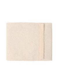 Krämfärgad ullfilt med en mjuk textur, vikt med en ribbad kantdetalj på ena sidan.