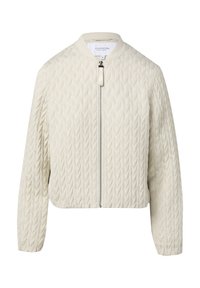 Textured, cream-colored bomber jacket with a zip front, ribbed collar, and patterned fabric resembling leaves. Cropped fit with long sleeves.