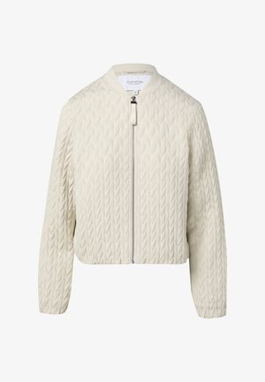 Textured, cream-colored bomber jacket with a zip front, ribbed collar, and patterned fabric resembling leaves. Cropped fit with long sleeves.