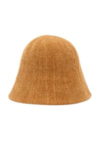 Brączowy dzianinowy kapelusz typu bucket z teksturowanym, prążkowanym wzorem, z zaokrąglonym wierzchem i wydłużonym rondem. Brak widocznych logo lub akcentów.