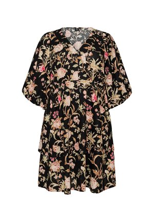 Vestido corto negro con estampado floral beige y rosa, mangas cortas abullonadas, escote en V y cintura fruncida.