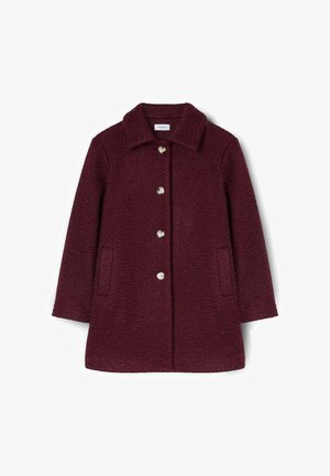 Bordeauxroter Mantel aus strukturiertem Stoff mit großem Kragen und fünf silbernen Knöpfen. Verfügt über zwei Seitentaschen und einen geraden Schnitt.