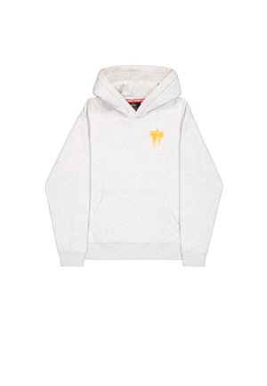 Světle šedá mikina s kapucí z bavlněné směsi. Má přední kapsu, žebrované manžety a žluté logo na hrudi.