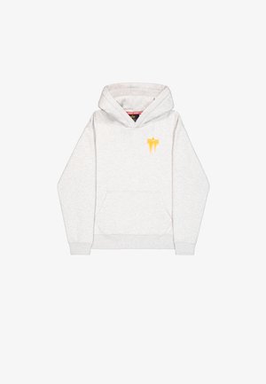 Felpa grigia chiara con cappuccio in misto cotone. Dotata di tasca frontale, polsini a coste e logo giallo sul petto.