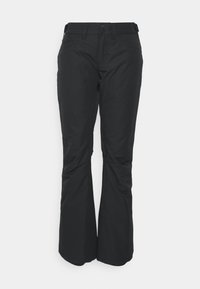 Pantalon flare noir pour femmes avec poches avant, passants de ceinture et deux boutons à la taille, présenté sur fond blanc.