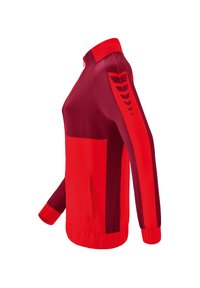 Rote und maroon Trackjacke mit Reißverschluss, seitlichen Taschen und elastischen Bündchen. Verfügt über ein strukturiertes Design entlang der Ärmel.