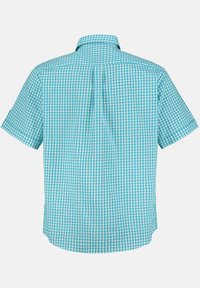 Camicia a maniche corte in un motivo gingham turchese e bianco. Presenta un colletto con bottoni e un orlo dritto con aperture laterali.