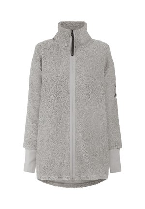 Jasnoszara polarowa kurtka z wysokim kołnierzem, pełnym zamkiem z przodu i przedłużonymi ściągaczami na rękawach.