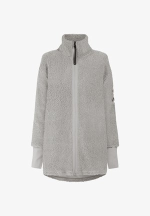 Veste polaire gris clair à col montant avec fermeture éclair complète à l'avant et poignets allongés en côtes sur les manches.