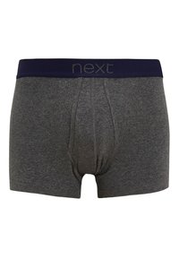 Boxeurs en coton gris avec une ceinture élastique marine arborant le nom de la marque "next" en lettres grises. L'avant présente un design de poche contournée.