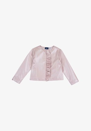 Veste en satin rose pâle avec un col rond, détail de volants à l'avant et manches longues, présentant une coupe droite et une texture lisse.