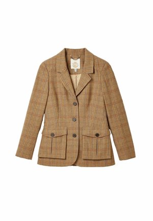 Brown plaid blazer with structured shoulders, two front pockets, and a single button closure. Features contrasting orange and blue lines.