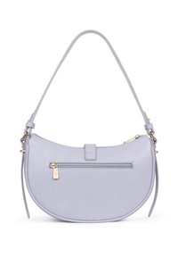 Licht paarse leren handtas met een gebogen ontwerp, verstelbare schouderband en een ritsvak aan de voorkant. Hardware in goudkleurige accenten.