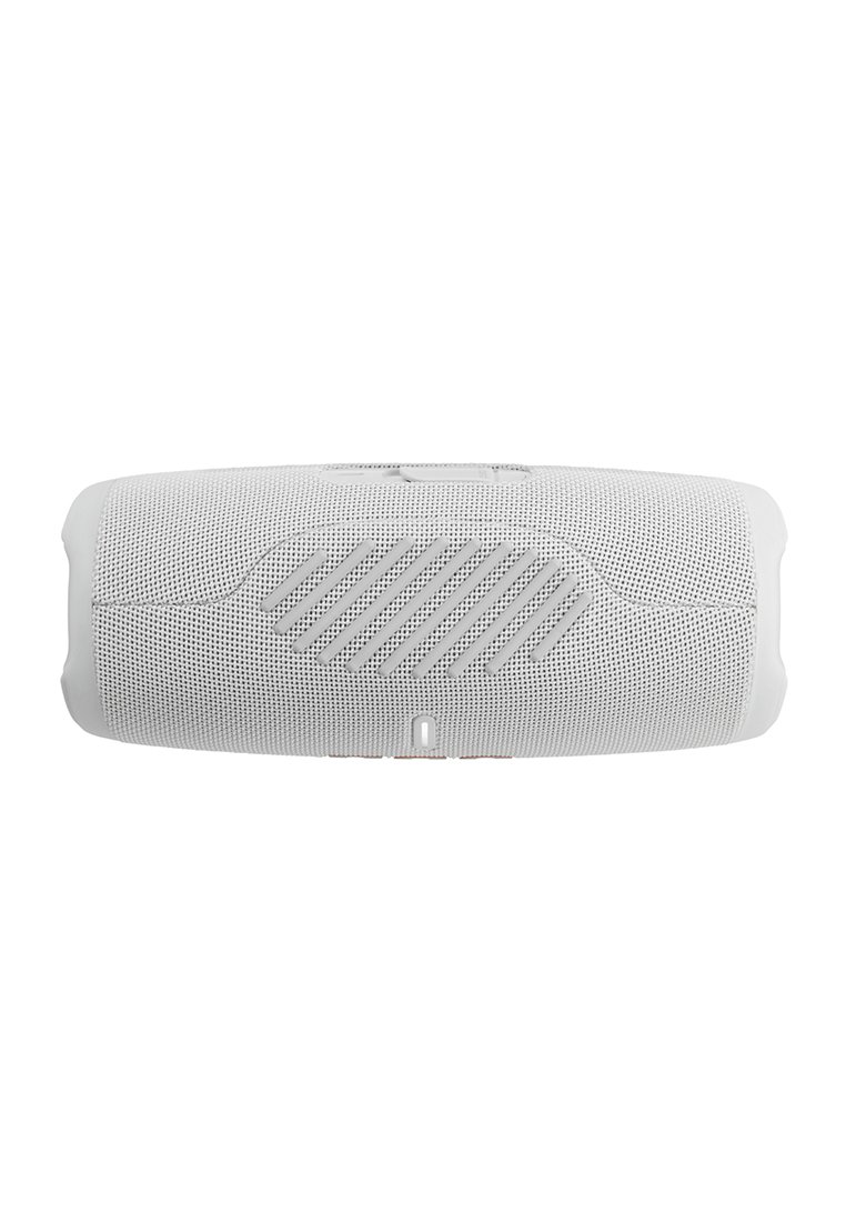 Altavoz Bluetooth portátil blanco con rejilla de malla y botones de control en la parte superior, visto desde el frente.