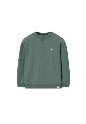 Sweat-shirt vert à manches longues avec col rond, poignets et ourlet côtelés, petit patch avec des yeux sur la poitrine gauche et une étiquette en tissu près de l'ourlet.