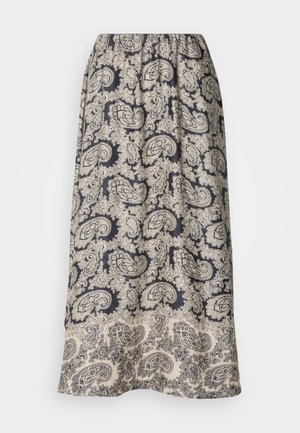 Jupe fluide à taille élastique avec une base bleu marine ornée de motifs paisley beiges complexes et d'accents floraux. Tissu doux avec une texture lisse.