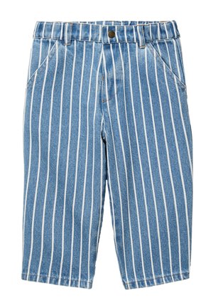 Pantalon en denim bleu avec des rayures verticales blanches, fermeture à boutons sur le devant, passants pour ceinture et poches avant diagonales.