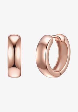 Rožinio aukso auskarai su žiedu, turintys lygaus, apvalaus dizaino. Poliruotas paviršius su vyrio uždarymu. Lengva, blizgi tekstūra.