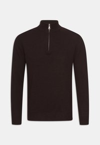 Dunkelbrauner Reißverschluss-Pullover mit hohem Kragen, langen Ärmeln und glatter Textur. Einfaches Design mit einem halben Reißverschluss am Hals.