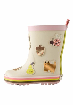 Child’s cream-colored rain boot with pink trim and colorful smiling fruit, acorn, insect, and cat stickers on the side.