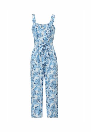 Combinaison à fleurs bleues avec bretelles fines, fermeture à boutons à l'avant, taille à nouer et design à jambes larges. Présente un fond bleu clair avec des motifs floraux plus foncés.