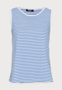 Randig ärmlös topp med blåa och vita horisontella linjer, rund halsringning och mjukt tyg med lätt drapering.