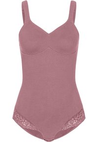 Mauve Bodysuit mit verstellbaren Trägern, nahtlosem Cup-Design und Spitzenakzenten an den unteren Seiten, gefertigt aus weichem Stoff.
