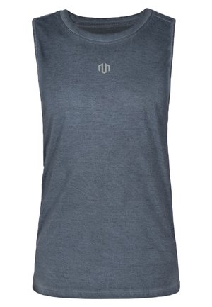 Bezramenný sportovní top v tmavě šedé barvě, vyrobený z měkké látky. Má kulatý výstřih a jemné logo uprostřed přední části.