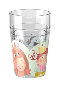 Bunter Kunststoffbecher mit Illustrationen von einem Cartoon-Pferd und einem Kind, runde Form und transparentes Material mit Glitzerakzenten.