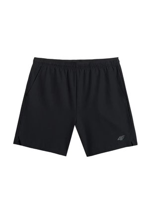 Pantalones cortos deportivos negros con cinturilla elástica, bolsillos laterales y pequeño logo en el dobladillo de la pierna izquierda.