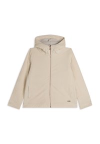 Giacca beige con zip e cappuccio, realizzata in tessuto texturizzato, con tasche laterali e un sottile etichetta del logo sull'orlo inferiore.