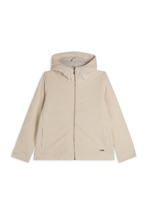 Giacca beige con zip e cappuccio, realizzata in tessuto texturizzato, con tasche laterali e un sottile etichetta del logo sull'orlo inferiore.