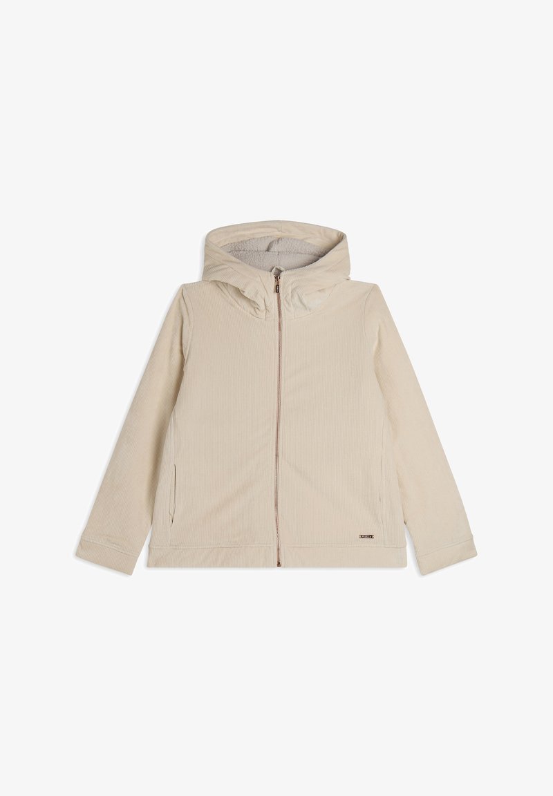 Giacca beige con zip e cappuccio, realizzata in tessuto texturizzato, con tasche laterali e un sottile etichetta del logo sull'orlo inferiore.