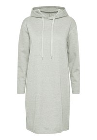 Helles graues Hoodie-Kleid aus weichem Baumwollmix, mit langen Ärmeln, Kängurutaschen und verstellbaren Zugbändern an der Kapuze.