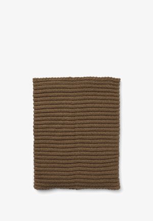 Tessuto a maglia marrone con un motivo a coste orizzontali. Morbida texture, forma rettangolare e bordi rifiniti.