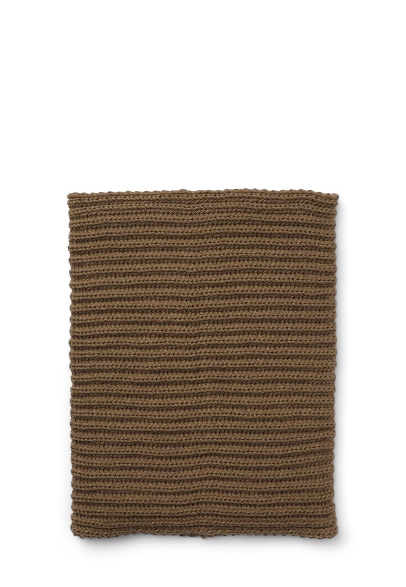 Tessuto a maglia marrone con un motivo a coste orizzontali. Morbida texture, forma rettangolare e bordi rifiniti.