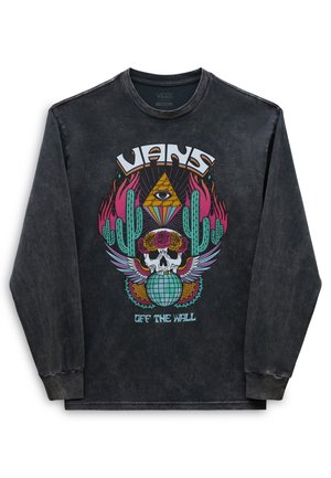 Black long-sleeve Vans shirt with colorful graphic of skull with flower crown, wings, cacti, pyramid with eye, and "Off The Wall" text.