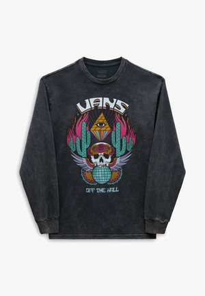 Schwarzes Vans Langarmshirt mit buntem Motiv eines Totenschädels mit Blumenkrone, Flügeln, Kakteen, einer Pyramide mit Auge und dem Schriftzug "Off The Wall".