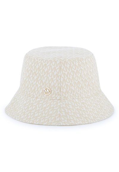 Καπέλο τύπου bucket από κρεμ ύφασμα με επαναλαμβανόμενο μοτίβο λογότυπου σε καφέ χρώμα· χρυσός μεταλλικός διάκοσμος στο πλάι· δομημένο σχήμα με φαρδιά γείσο.