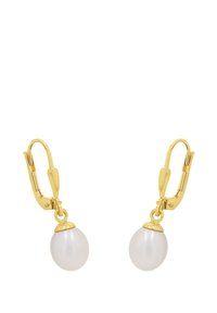Guldtonade örhängen med krok som har runda, vita pärlor med en slät yta och dekorativa lock. Designade för enkel användning och elegans.