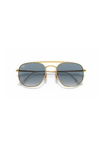 Occhiali da sole aviator in metallo dorato con grandi lenti grigie sfumate, dotati di un design a doppio ponte e naselli trasparenti.