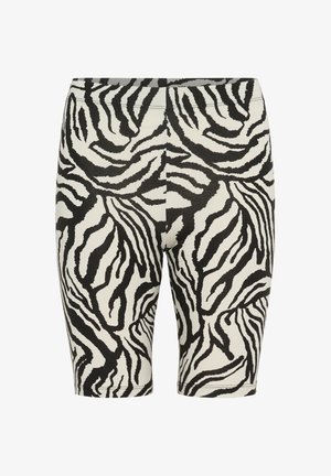 Șorturi de bicicletă dintr-un material elastic, cu un imprimeu zebra alb-negru, având un elastic la talie și o textură netedă.