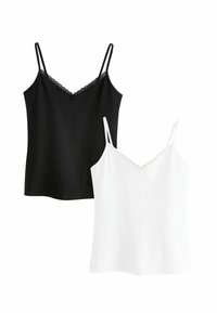 Maiouri alb-negru cu bretele reglabile, dantelă de-a lungul decolteului în formă de V și o textură moale a materialului.