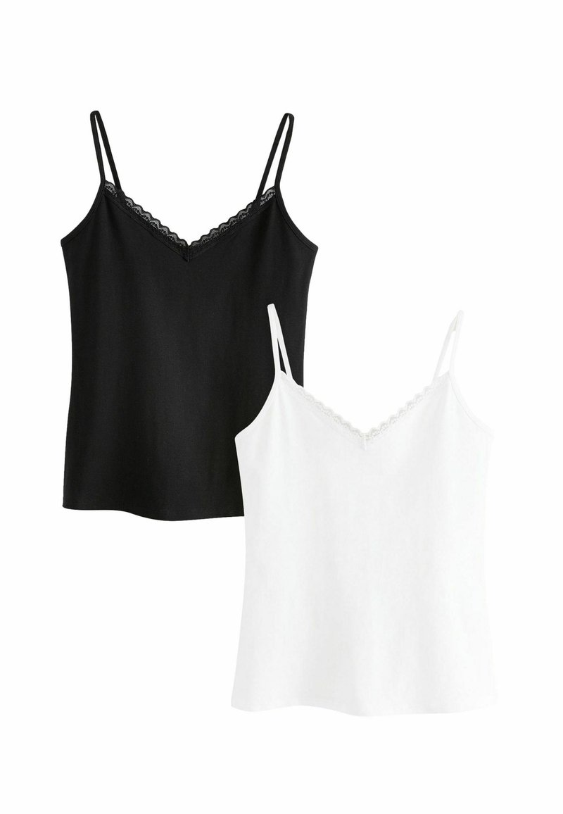 Maiouri alb-negru cu bretele reglabile, dantelă de-a lungul decolteului în formă de V și o textură moale a materialului.