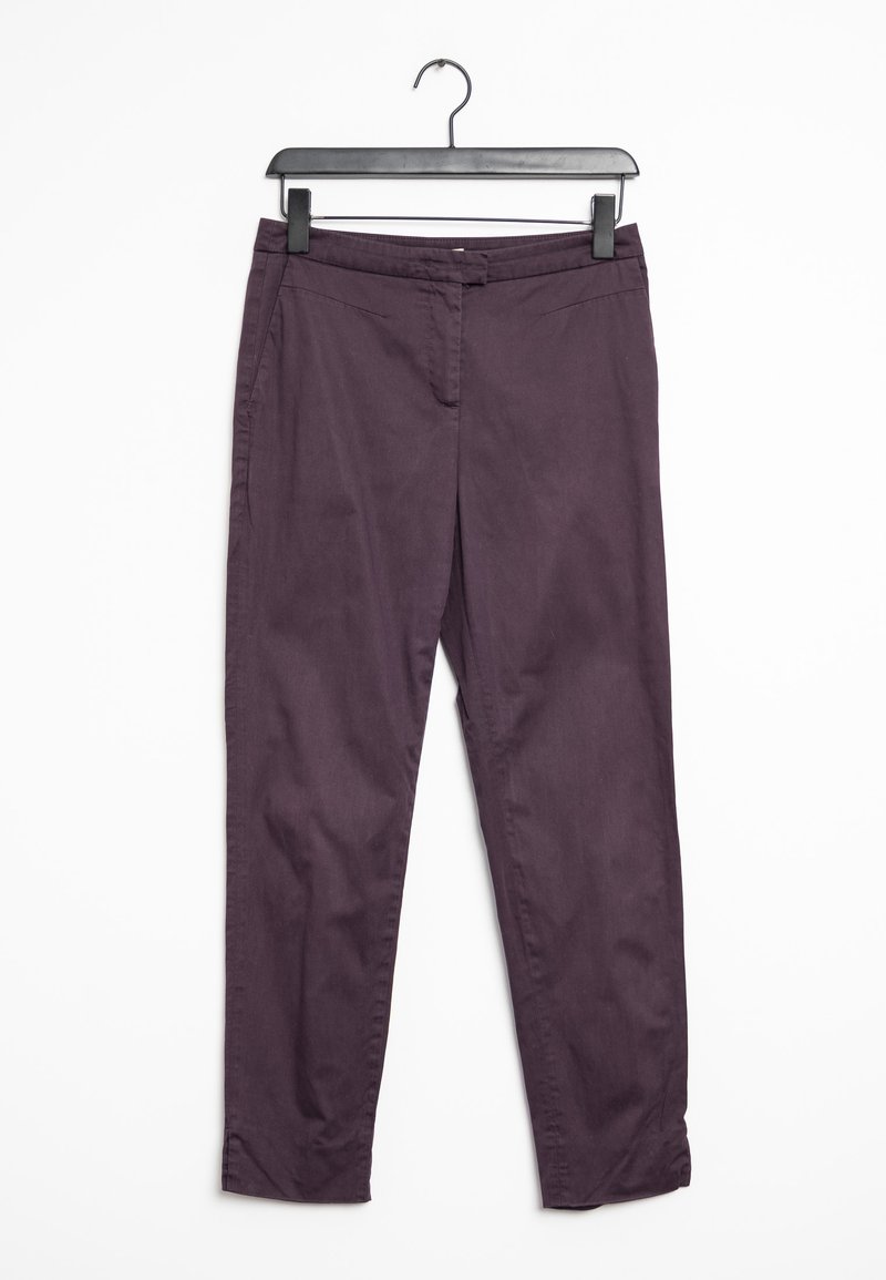 Purple, slim-fit trousers made of cotton blend fabric with two front pockets and a smooth texture. Hangs from a black plastic hanger.