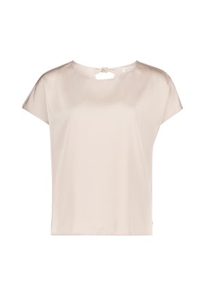 Beige kurzärmelige Bluse mit rundem Ausschnitt und kleinem Schlüsselloch-Detail, das hinten mit einer Schleife gebunden ist.