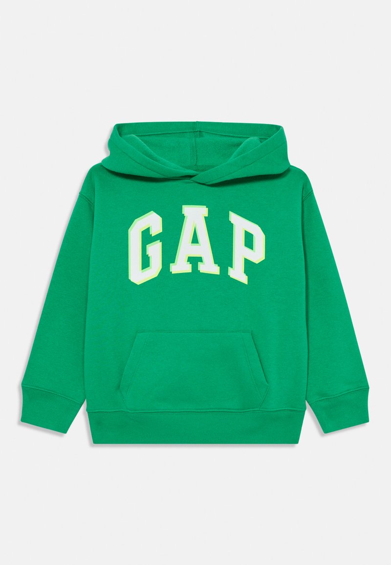 Grønn hettegenser med frontlomme og foret hette. Ordet "GAP" vises fremtredende med store hvite bokstaver med neonlys aksenter.