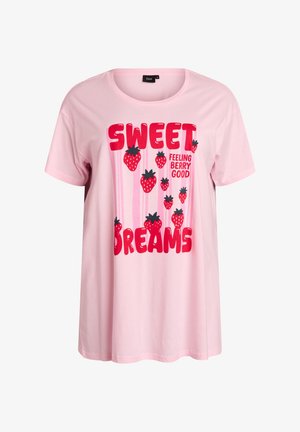 Pink cotton T-shirt featuring a graphic design with the text "SWEET DREAMS," and illustrations of red strawberries in various sizes.
