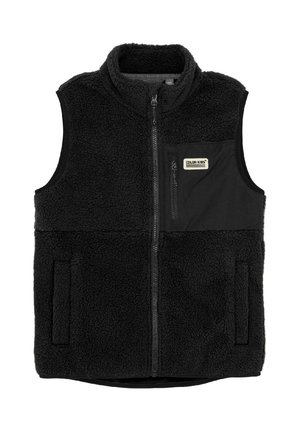 Gilet senza maniche in fleece nero con zip frontale, due tasche inferiori, tasca sul petto con zip e etichetta "Color Kids" sul petto.